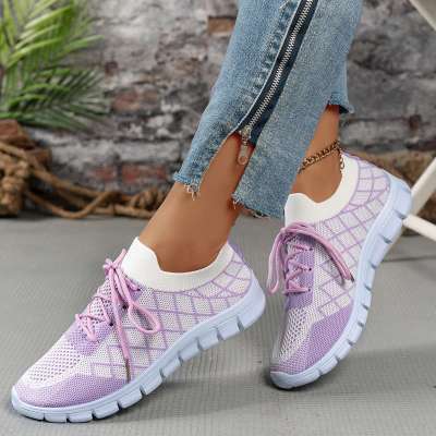Colorblock Plaid Lace-Up Flyknit Sneakers Ins Mesh Casual Shoes Profile Picture